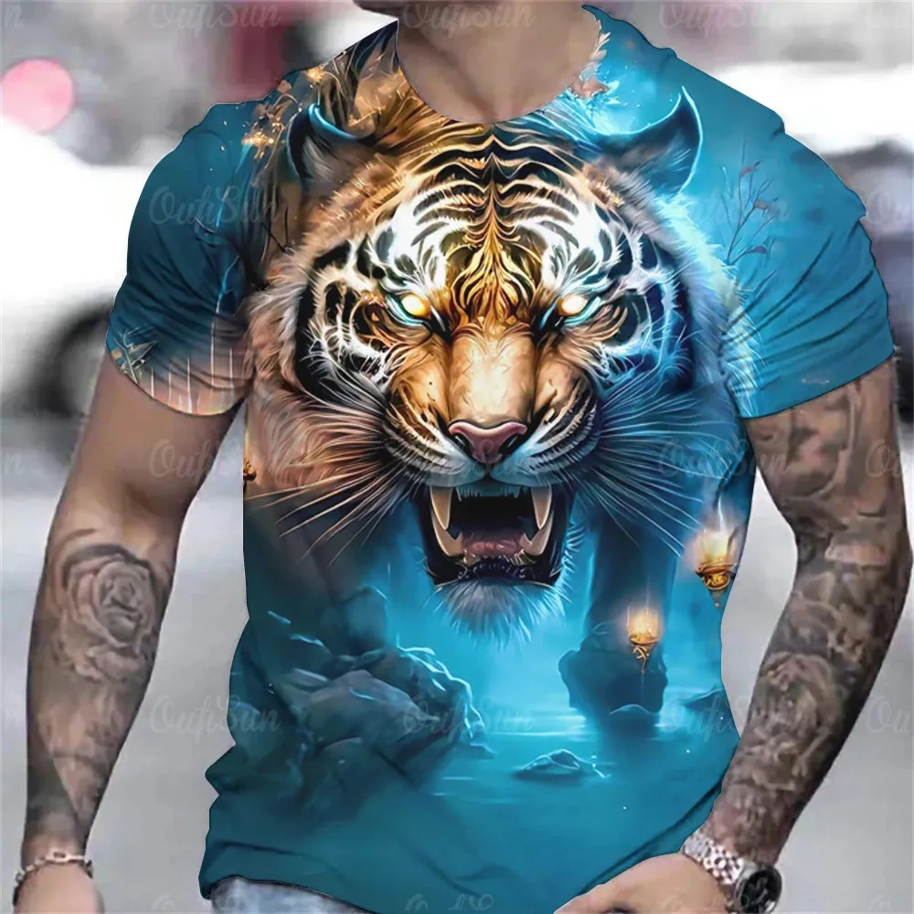 Tiger Print T-Shirt 3D Animal Men's Shirts Summer Short Sleeved Male Pullover Oversized Tops Tees Men Clothing