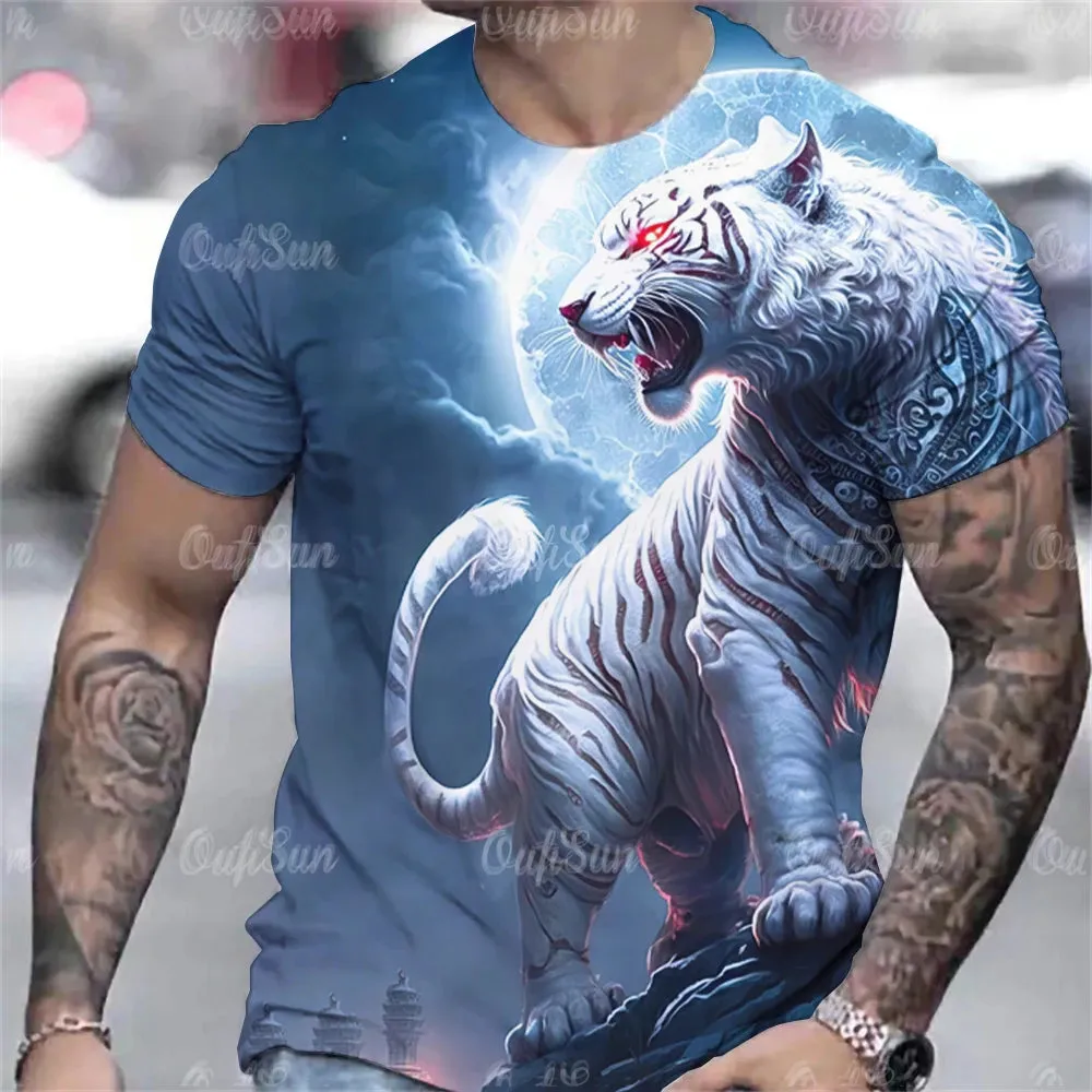 Tiger Print T-Shirt 3D Animal Men's Shirts Summer Short Sleeved Male Pullover Oversized Tops Tees Men Clothing