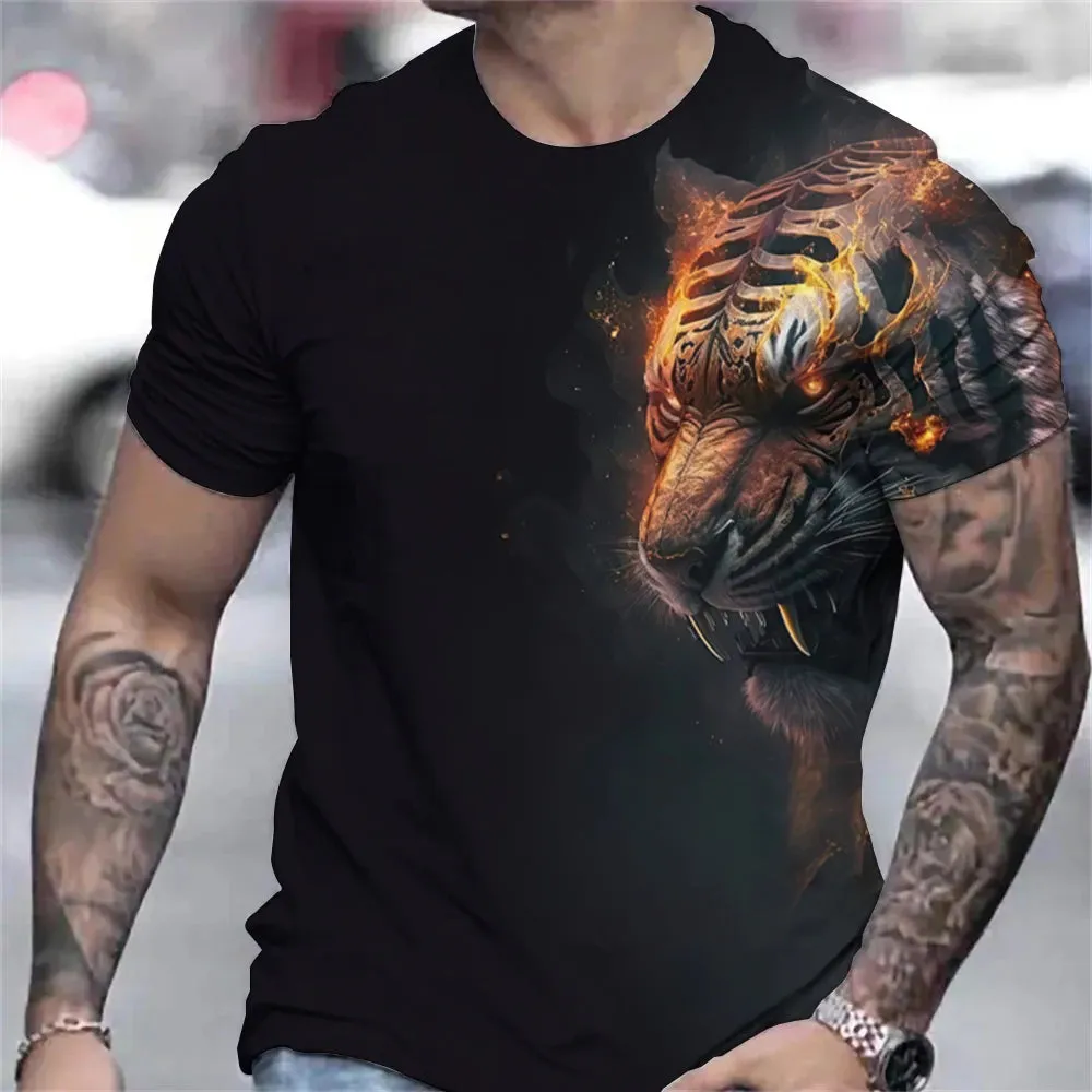 Tiger Print T-Shirt 3D Animal Men's Shirts Summer Short Sleeved Male Pullover Oversized Tops Tees Men Clothing