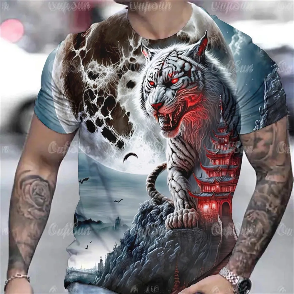 Tiger Print T-Shirt 3D Animal Men's Shirts Summer Short Sleeved Male Pullover Oversized Tops Tees Men Clothing