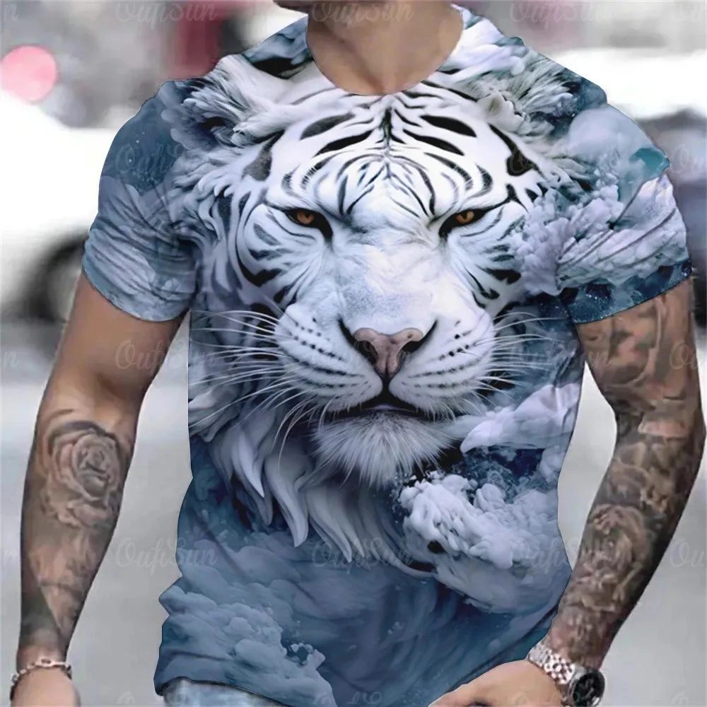Tiger Print T-Shirt 3D Animal Men's Shirts Summer Short Sleeved Male Pullover Oversized Tops Tees Men Clothing