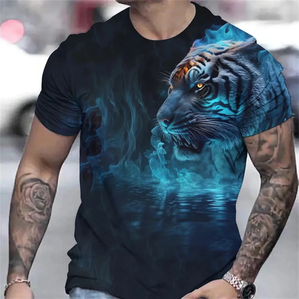 Tiger Print T-Shirt 3D Animal Men's Shirts Summer Short Sleeved Male Pullover Oversized Tops Tees Men Clothing