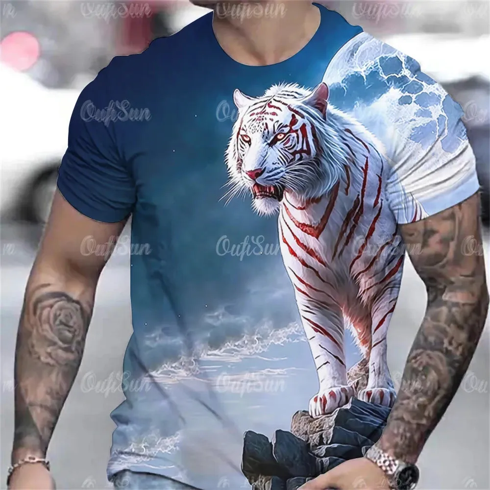 Tiger Print T-Shirt 3D Animal Men's Shirts Summer Short Sleeved Male Pullover Oversized Tops Tees Men Clothing