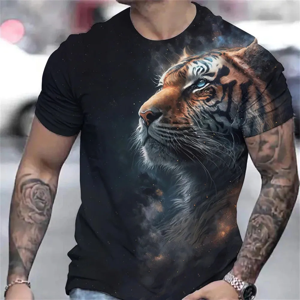 Tiger Print T-Shirt 3D Animal Men's Shirts Summer Short Sleeved Male Pullover Oversized Tops Tees Men Clothing