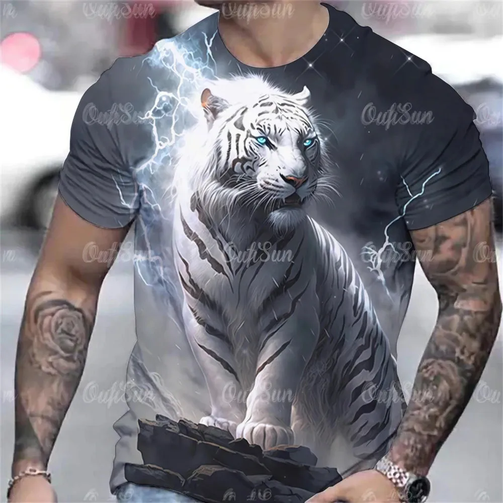 Tiger Print T-Shirt 3D Animal Men's Shirts Summer Short Sleeved Male Pullover Oversized Tops Tees Men Clothing